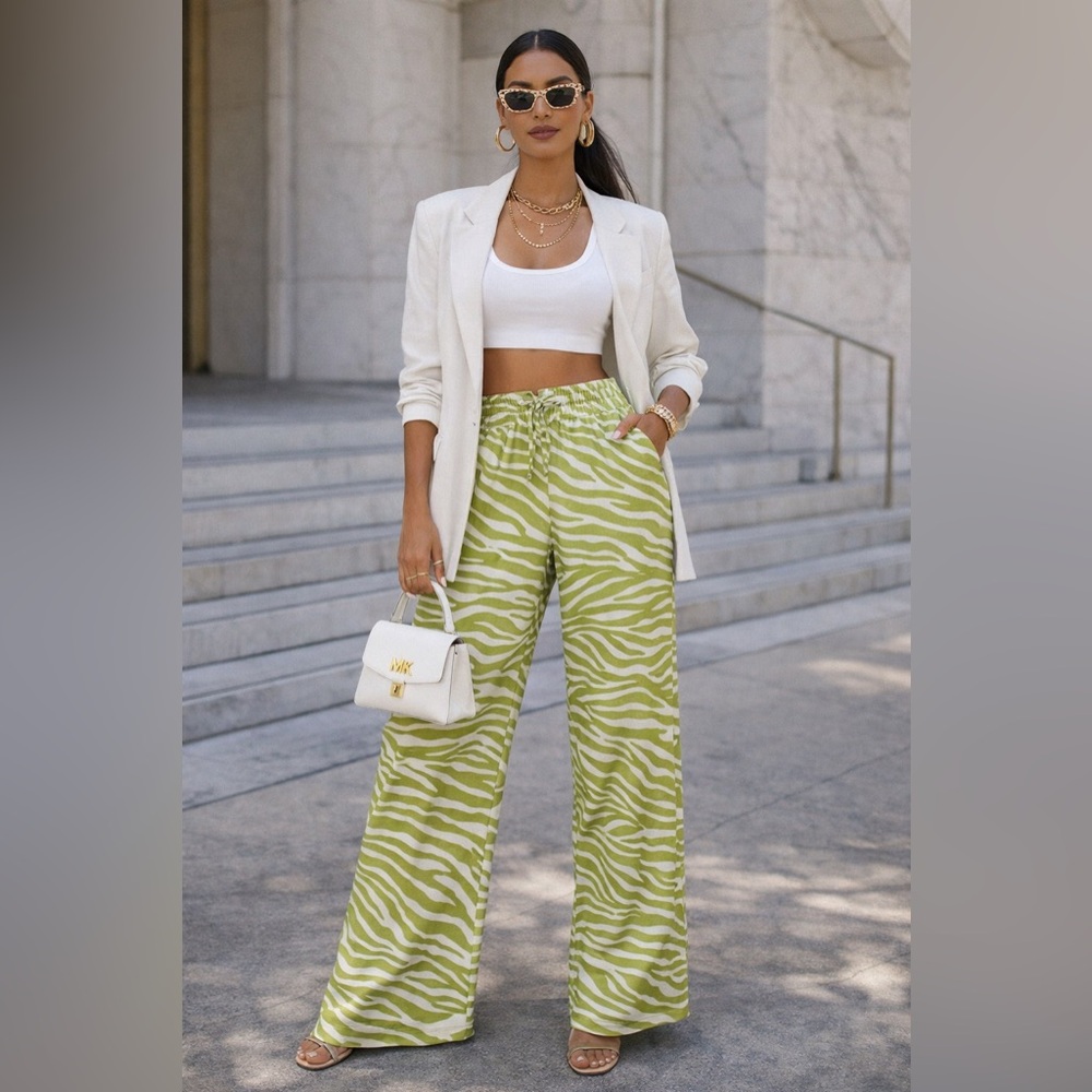 Michael Kors Green Zebra Print Wide-Leg Pants